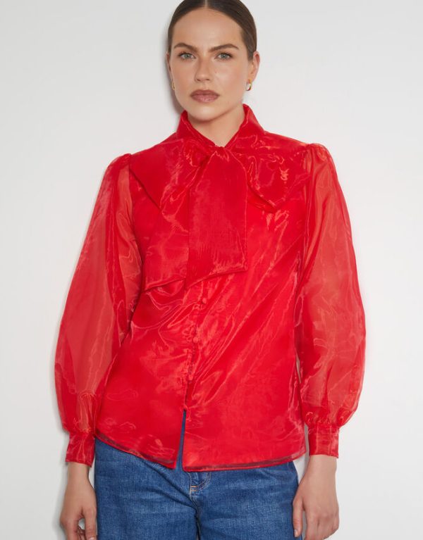 Monsoon Rosa Organza Pussybow Blouse Red - Image 5