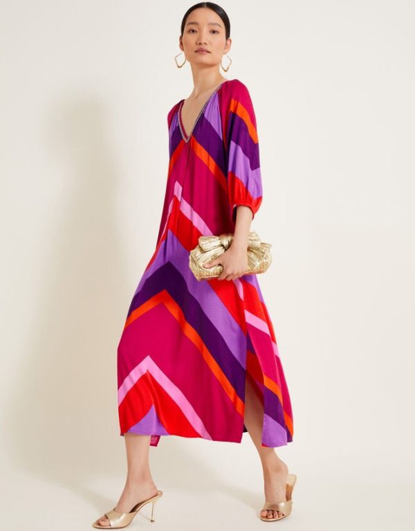 Monsoon Sonya Stripe Kaftan Dress Red - Image 5