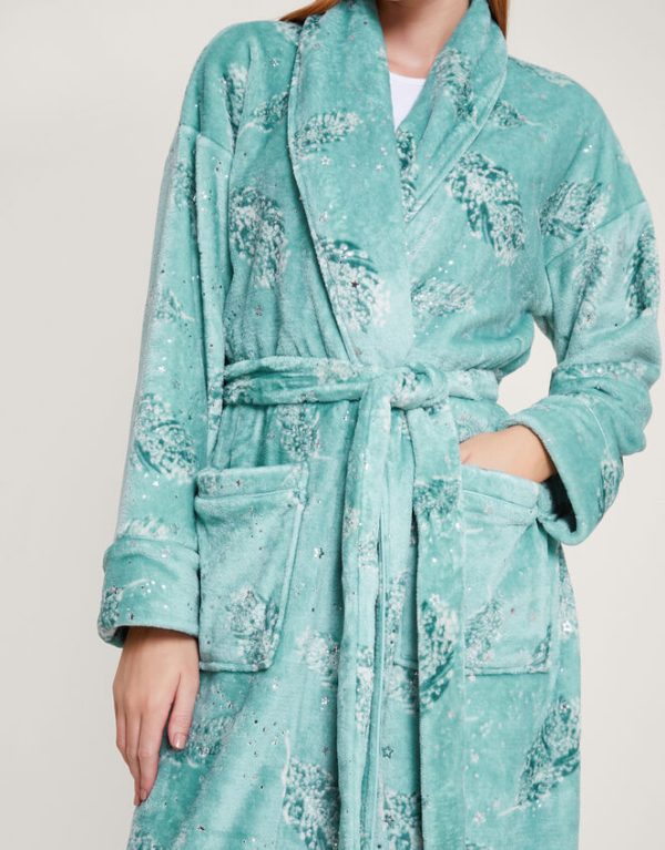 Monsoon Feather Print Foil Dressing Gown Teal - Image 4