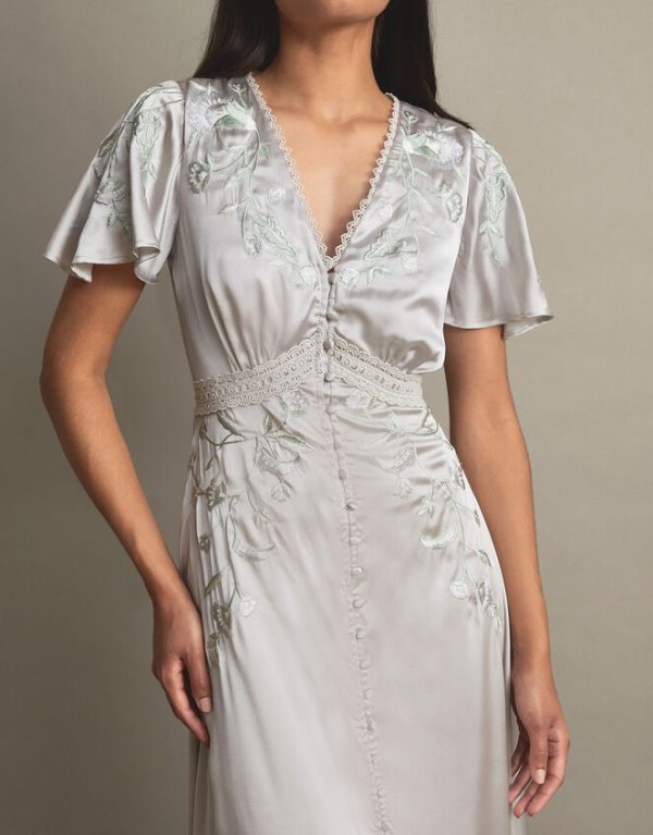 Monsoon Mia Satin Embroidered Maxi Dress Silver - Image 4