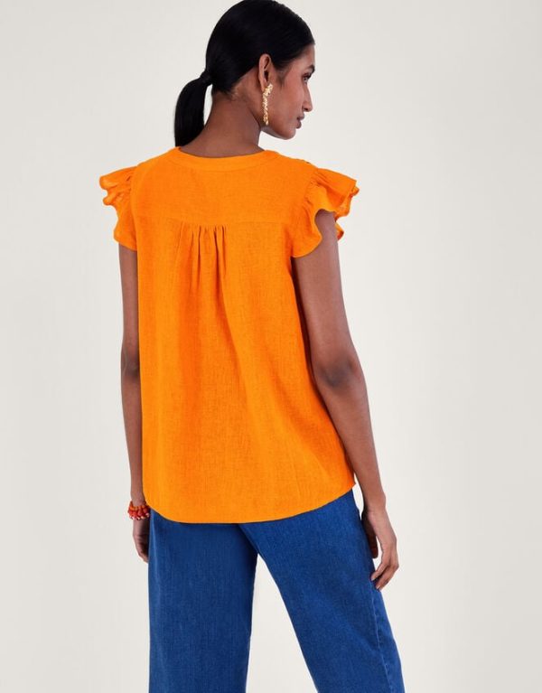 Monsoon Flutter Sleeve Neck Detail Top in Linen Blend Orange - Image 4