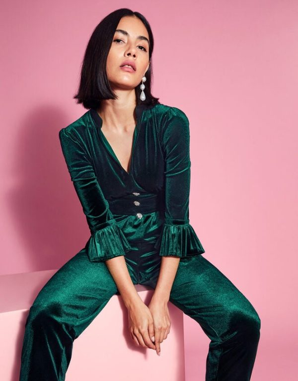 Monsoon Kyra Velvet Jumpsuit Green