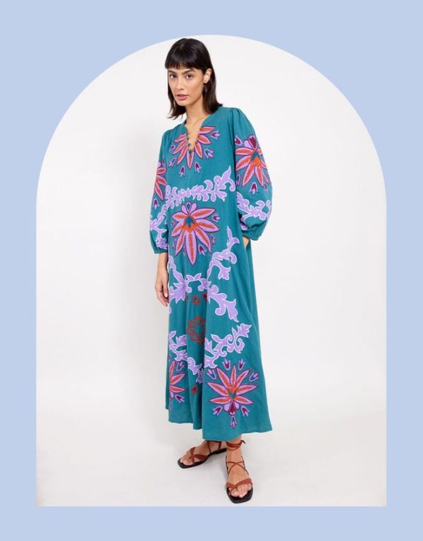 Monsoon East Taylor Embroidered Dress Teal